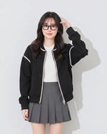 配色パイピングのゆったりベースボールジャケット-ブラック-XL