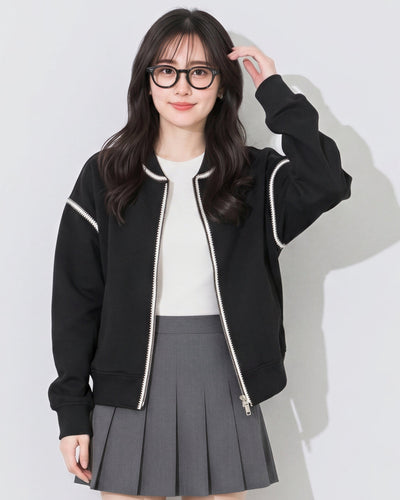 配色パイピングのゆったりベースボールジャケット-ブラック-XL