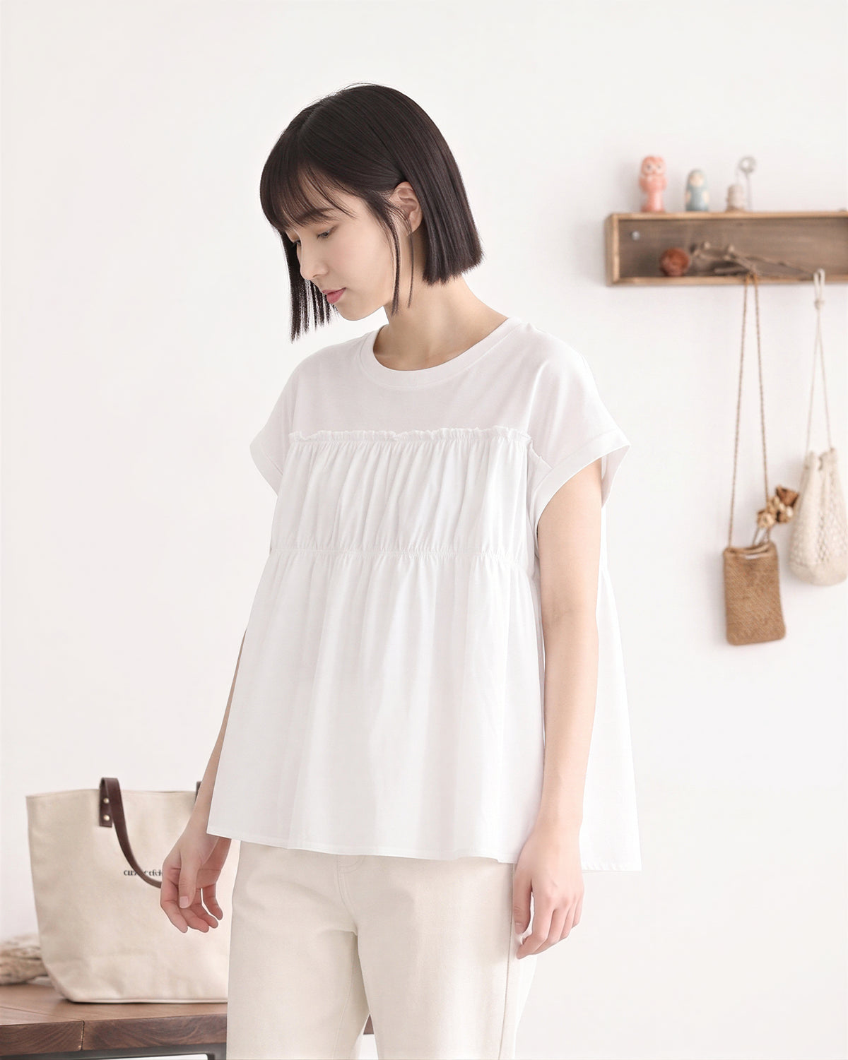 切り替えギャザー入り ゆったりTシャツ