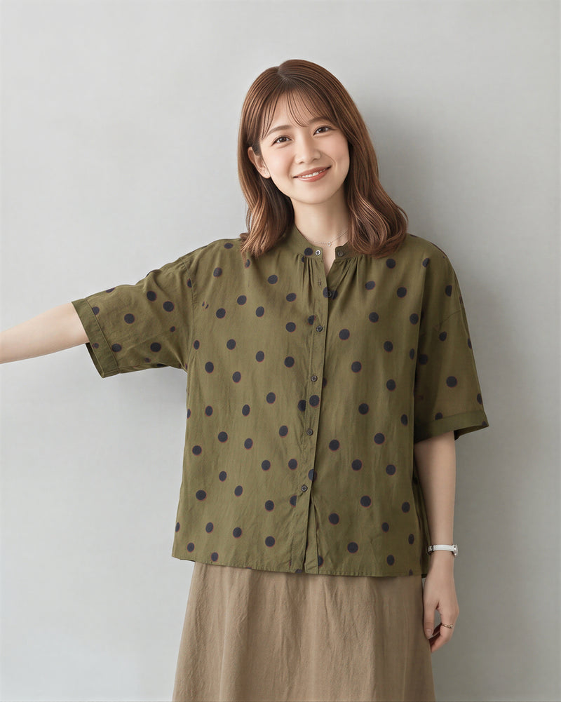 ドット柄ルーズスタンドカラーシャツ-オリーブ-2XL