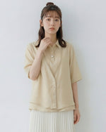Vネック切替ライン レイヤード風（フェイク2ピース）シャツ-ライトイエロー-2XL