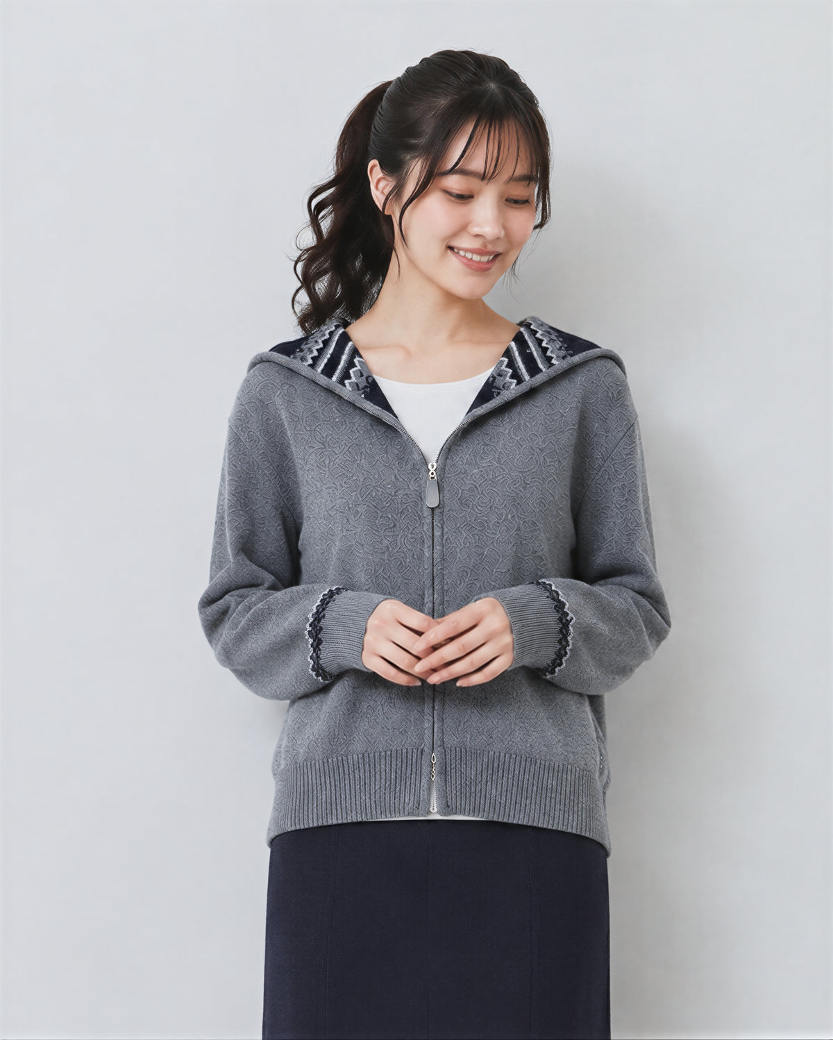 フード付きジャカード ダブルジップ カーディガンニット-グレー-2XL