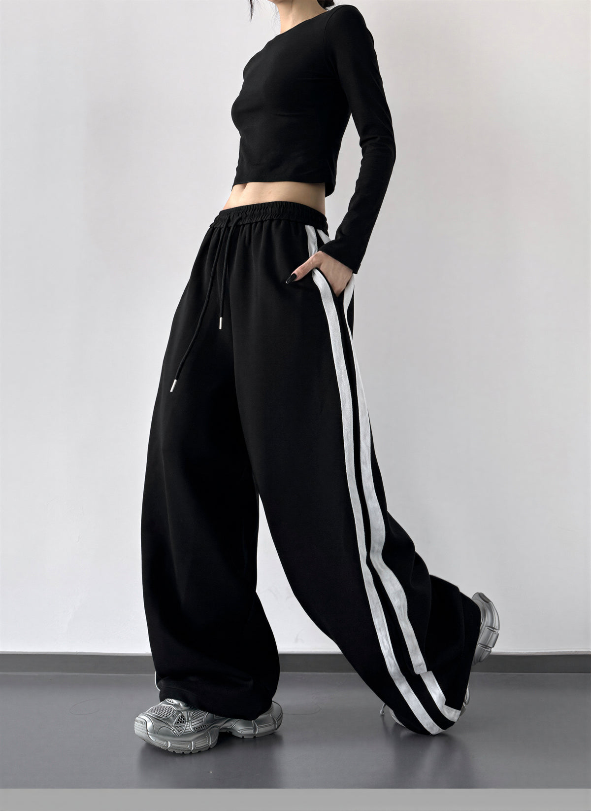 S-XL ドローストリング サイドライン ワイドパンツ