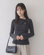 ツイストカットアウト スリムフィット フレアスリーブTシャツ-スモークグレー-M
