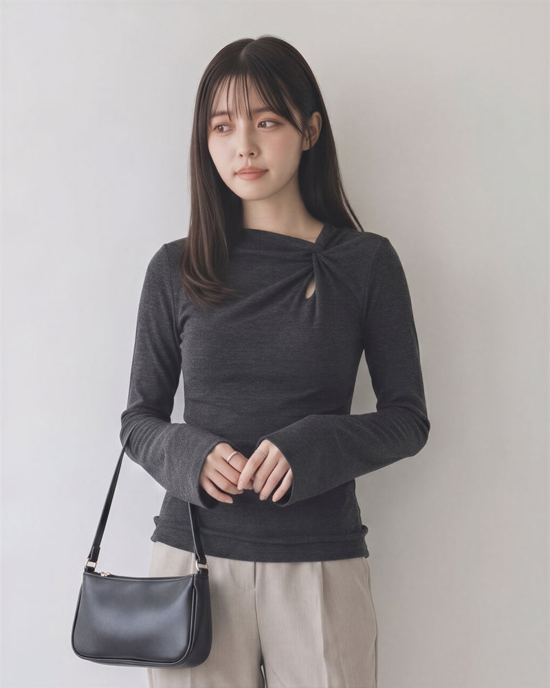 ツイストカットアウト スリムフィット フレアスリーブTシャツ-スモークグレー-M