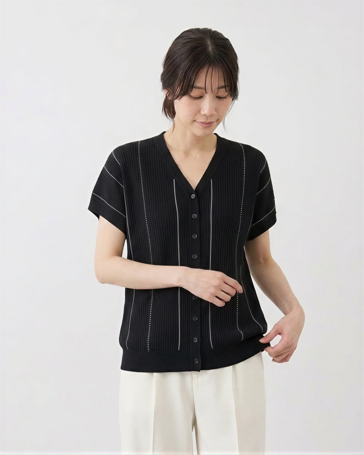 Vネック 縦ライン ゆったりカーディガン