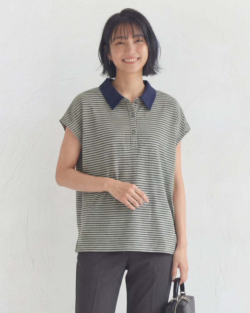 グリーン細ボーダー 襟付き 半袖Tシャツ-緑のストライプ-2XL