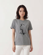グレー ゆったりドロップショルダー アニマル線画プリント 半袖Tシャツ-グレー-3XL