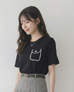 ブラック ゆったりドロップショルダー 立体ポケット刺繍 半袖Tシャツ