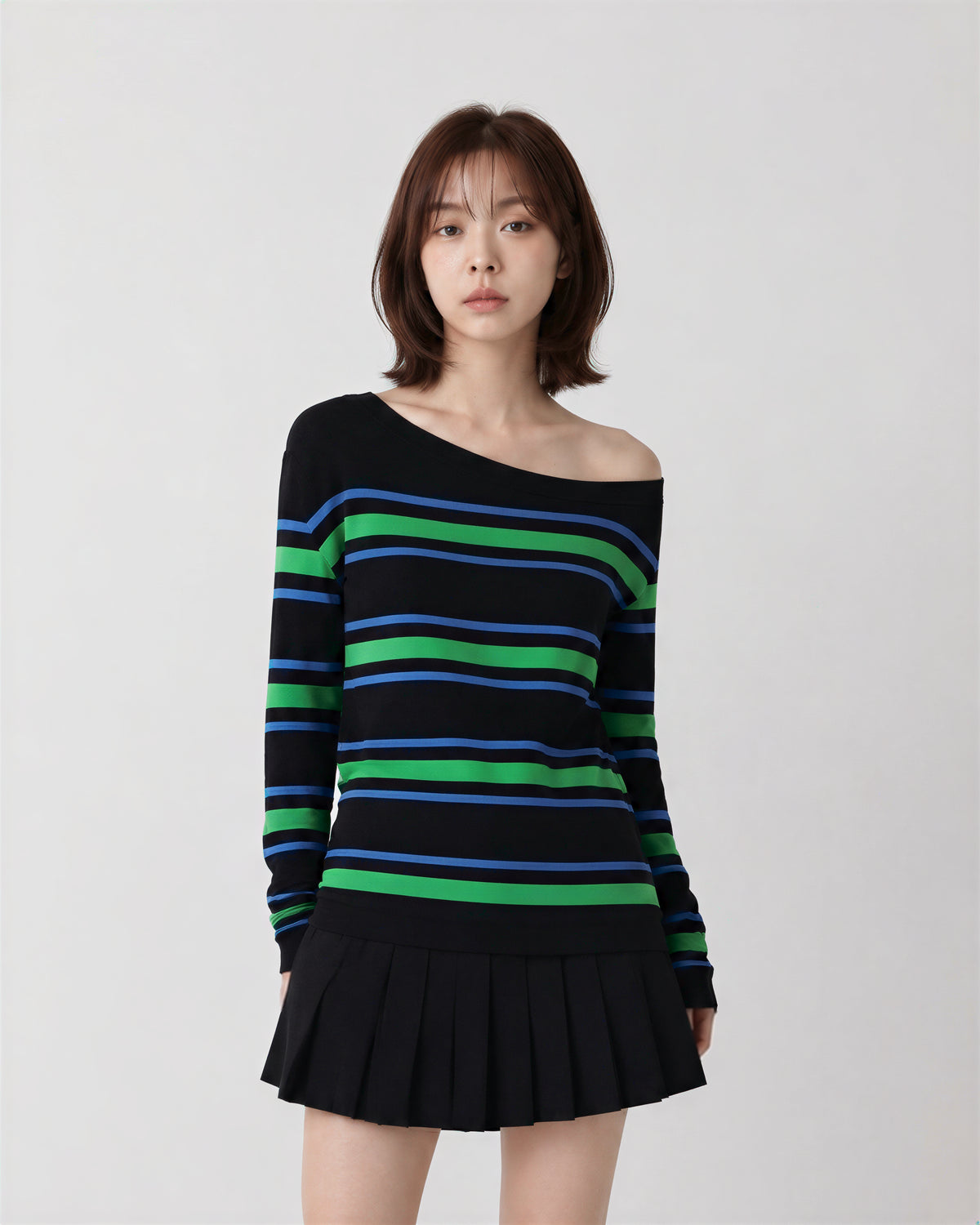 S~XL オフショルダーボーダースリムTシャツ