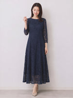 【秋新作】【全2色】S~2XL ラウンドネック 長袖 Aライン レースワンピース