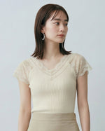 レースVネック 細リブ フィット 見せ肩 半袖Tシャツ