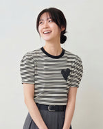黒×白 細ボーダー ハートワッペン パフスリーブ 半袖Tシャツ