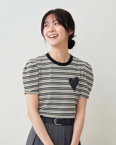 黒×白 細ボーダー ハートワッペン パフスリーブ 半袖Tシャツ