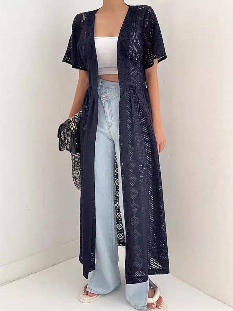 透かしレース ロング丈 リボン付き UV対策 カーディガン