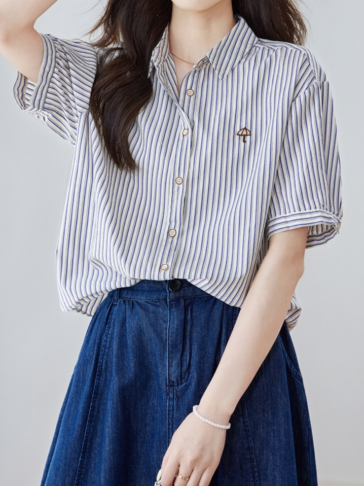細ストライプ ゆったり開襟シャツ