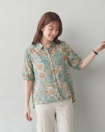 M~2XL ブルー×オレンジプリント ルーズフィット 開襟シャツ
