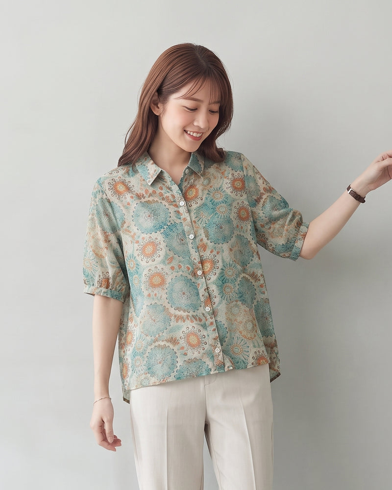 M~2XL ブルー×オレンジプリント ルーズフィット 開襟シャツ