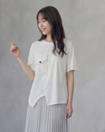 アシンメトリー切替 立体ポケット 半袖Tシャツ-ホワイト-2XL