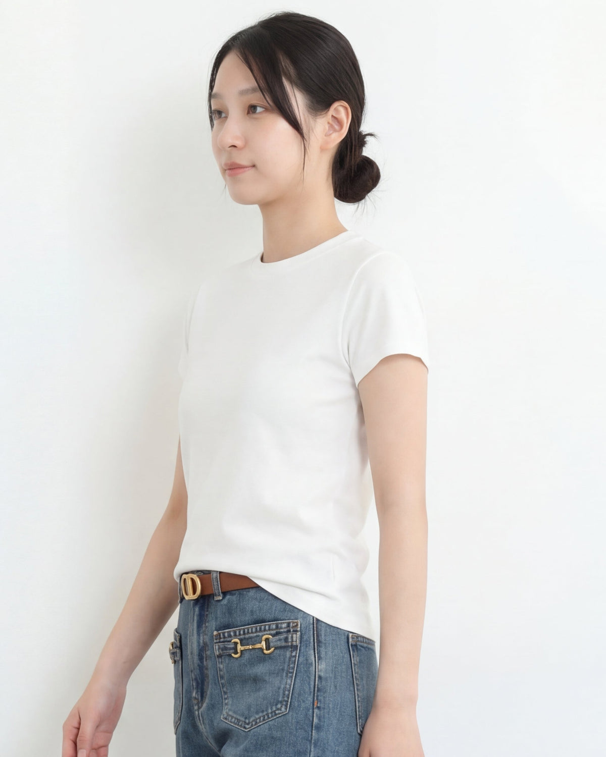 ウエストすっきり見え ラウンドネック 半袖Tシャツ
