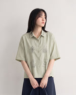 遊び心のある線画ルーズ半袖シャツ-ミント-2XL