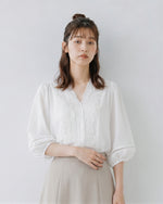 Vネック レース切り替え パフスリーブ シフォンブラウス-ホワイト-2XL