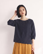 M-2XL ネイビードット ギャザー入り ゆったりブラウスXL