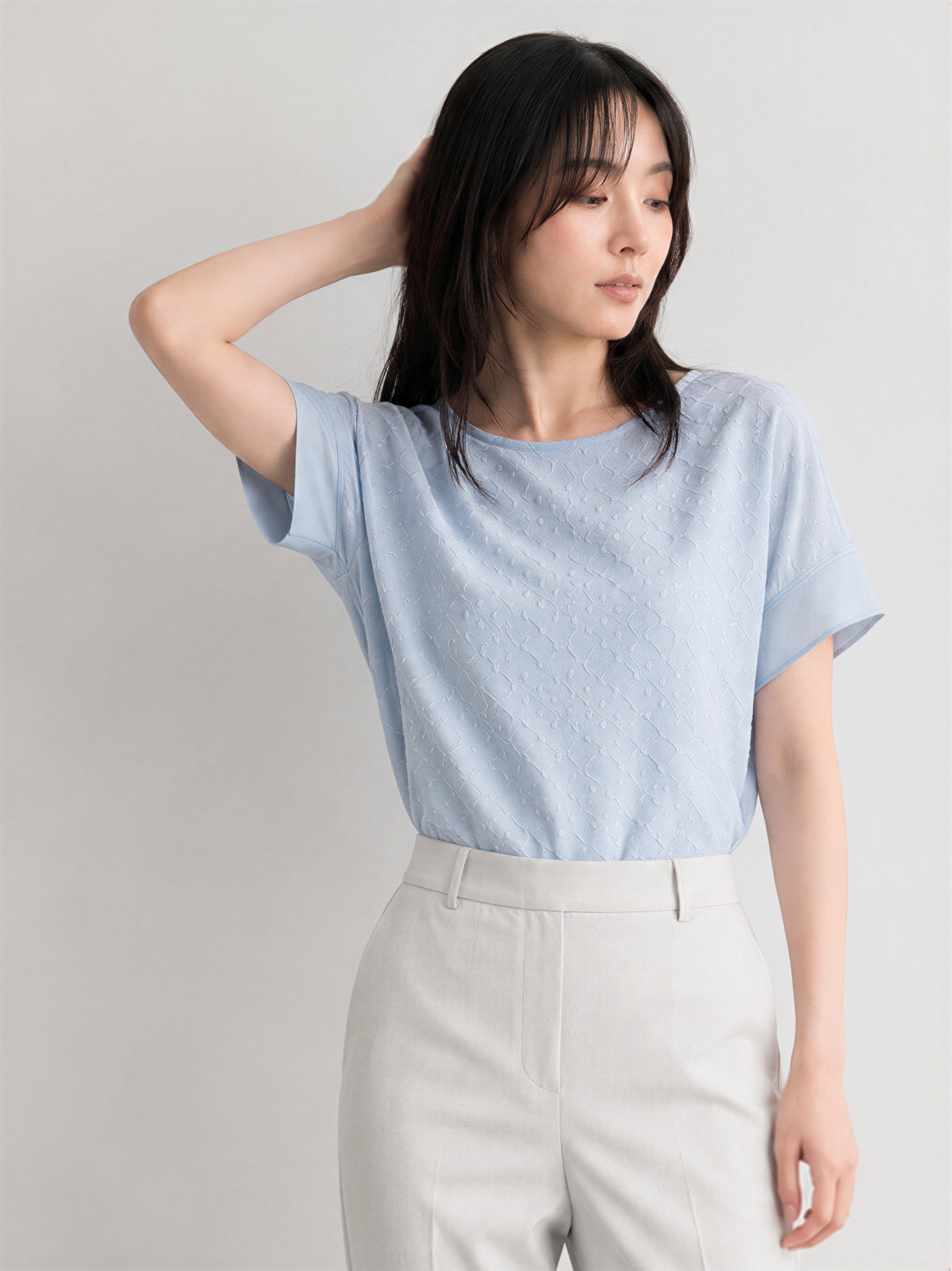 ジャカード クルーネック ゆったり シフォンブラウス