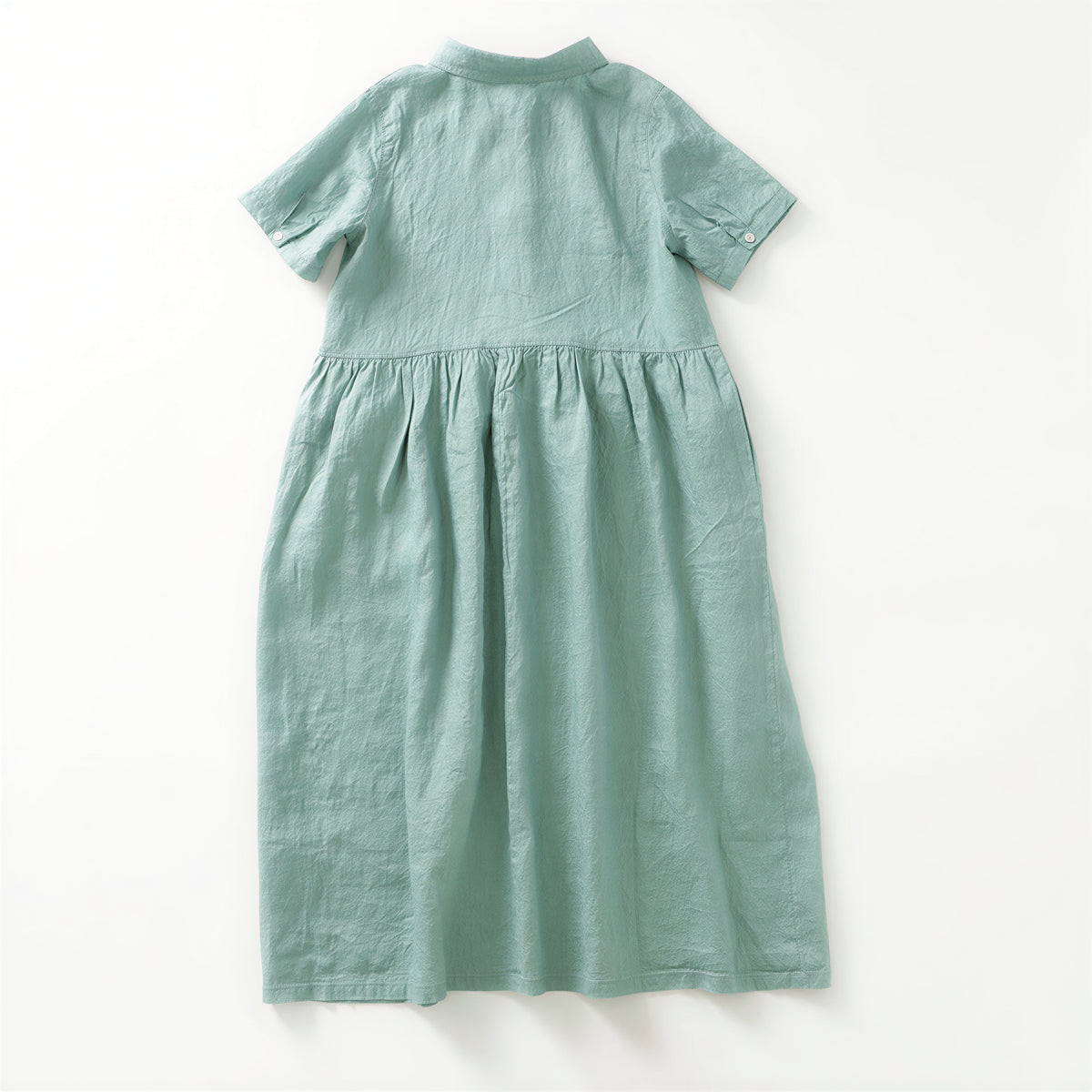 【全2色】M~2XL スタンドカラー 前ボタン ハイウエスト プリーツ ロングワンピース