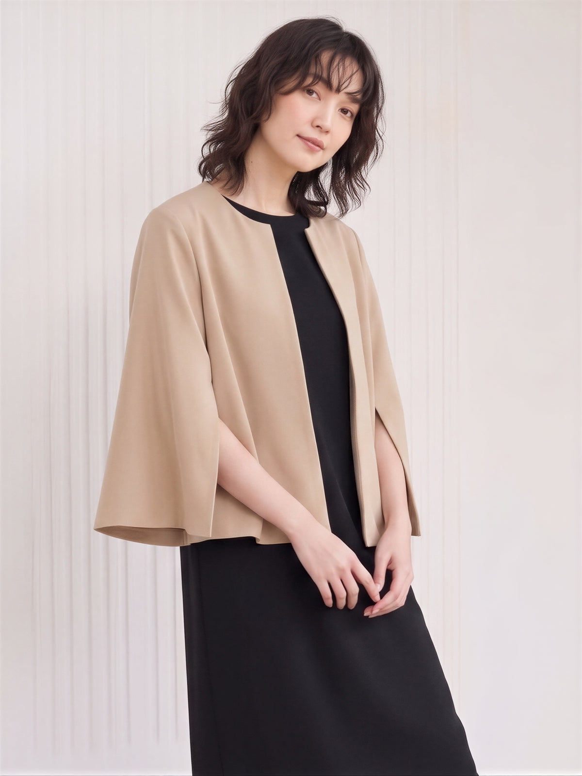【秋新作】【全2色】S~2XL シンプルオープンフロントジャケット×ワンピース 2点セット