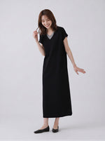 【全2色】M~2XL レイヤードVネック ストレート ロングワンピース
