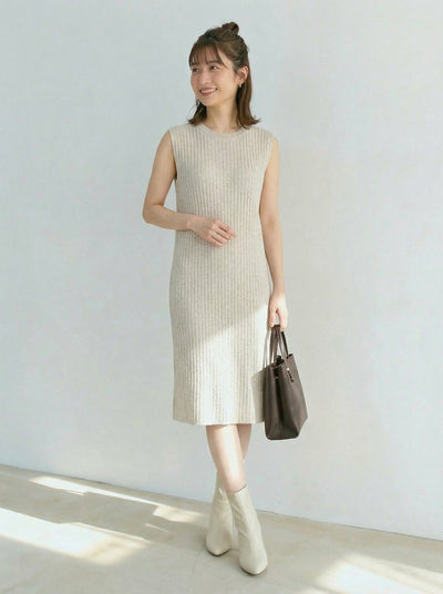 縦リブ ノースリーブ ストレート ミモレ丈 ニットワンピース-アプリコット-F