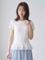 レース切り替えフリルヘムTシャツ-ホワイト-XL