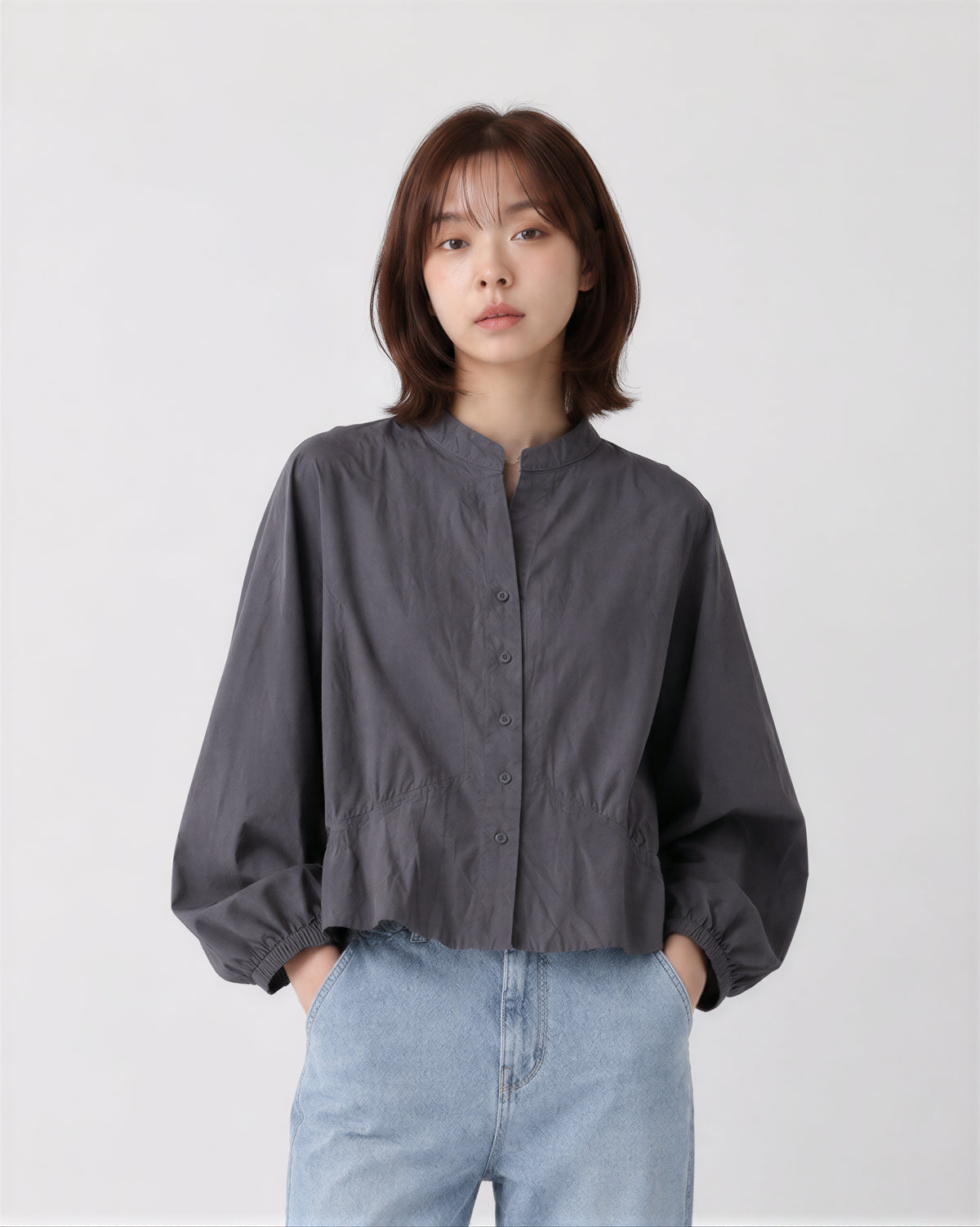 スタンドカラー ウエストシェイプ バルーンスリーブブラウス-グレー-XL