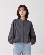 スタンドカラー ウエストシェイプ バルーンスリーブブラウス-グレー-XL