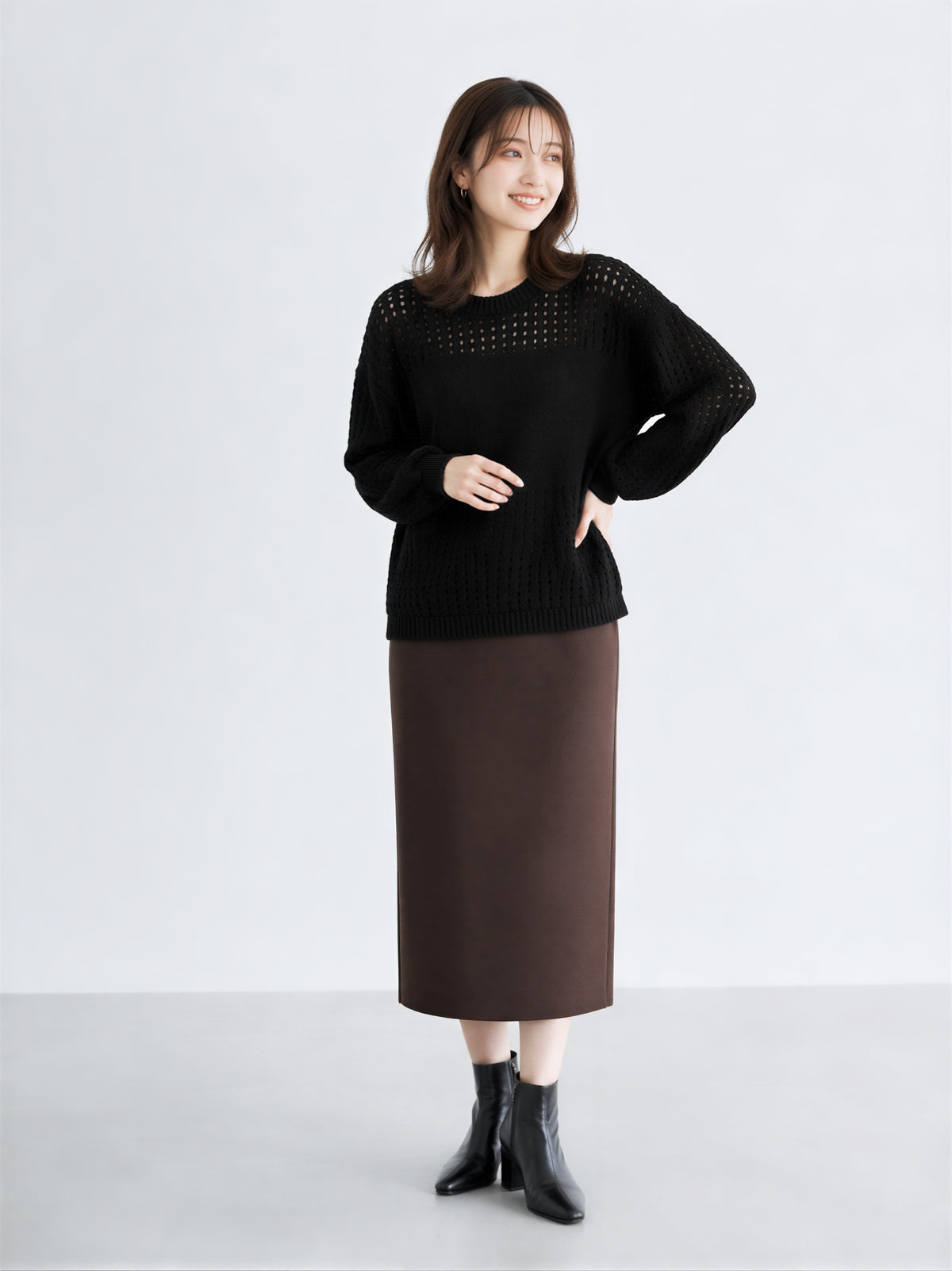 【秋新作】S~XL 透かし編み切り替えクルーネックニット