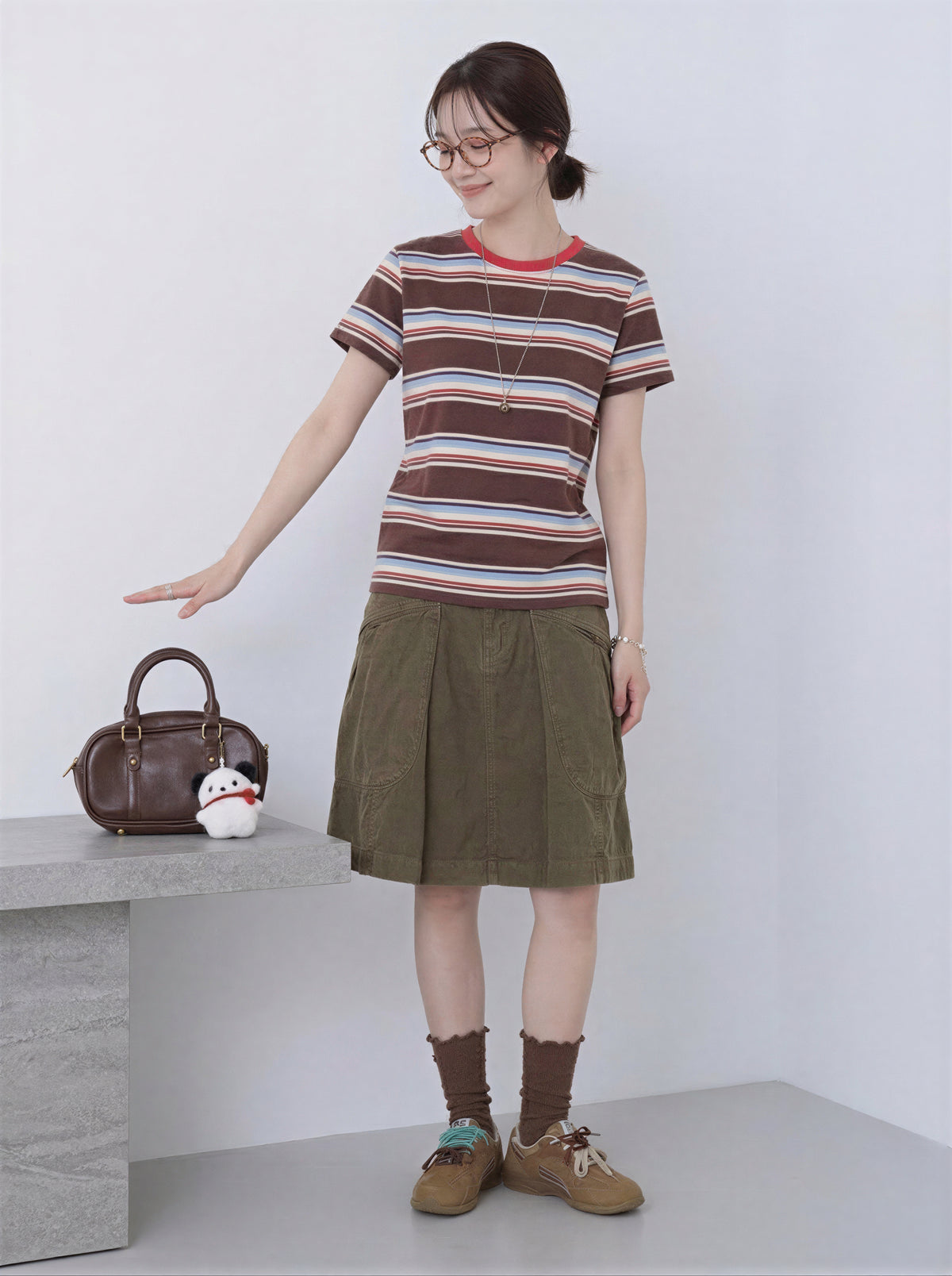 チェリーレッド襟 配色ボーダー 半袖Tシャツ