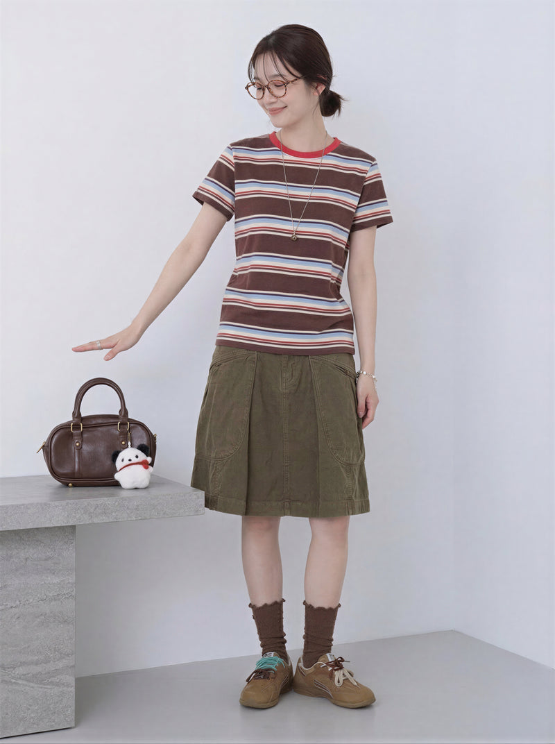 チェリーレッド襟 配色ボーダー 半袖Tシャツ