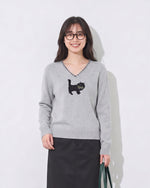 【全2色】S~XL Vネック 透かし縁取り 猫モチーフ ニットトップス