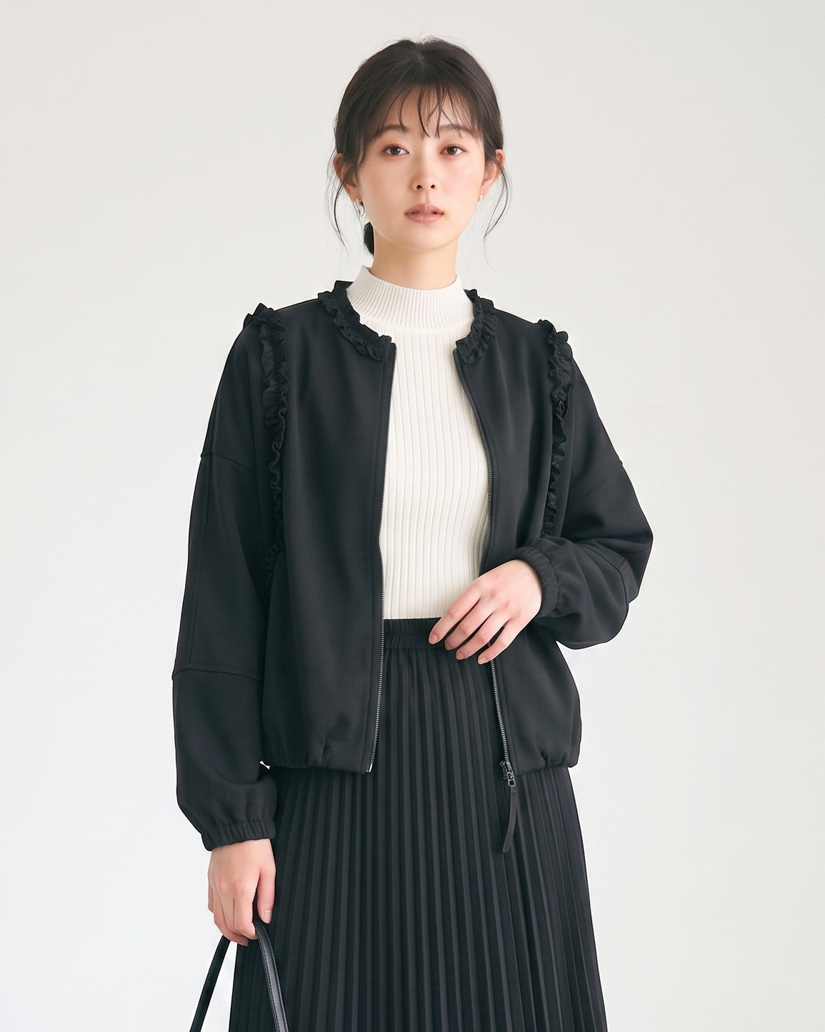 フリル付き ルーズ ショートジャケット-ブラック-2XL