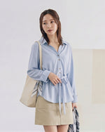ウエストドロストリボン付き 襟付きVネック 長袖シフォンシャツ-サックス-3XL