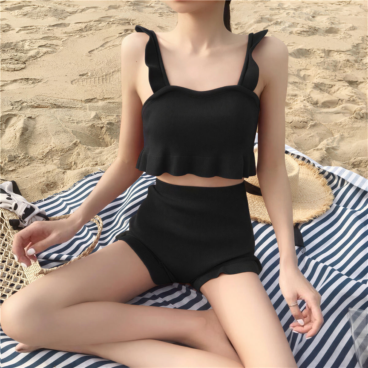 フリルストラップショート丈 セパレート2点セット水着（トップス＋ハイウエストボクサーショーツ）-ブラック-XL