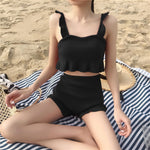 フリルストラップショート丈 セパレート2点セット水着（トップス＋ハイウエストボクサーショーツ）-ブラック-XL