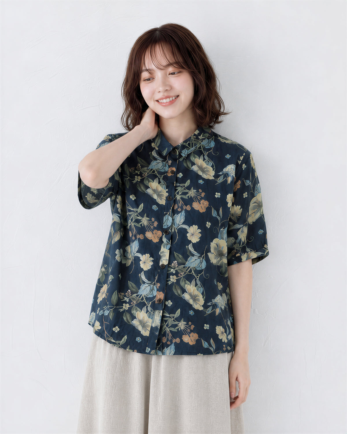 M~2XL レトロフラワープリント ブルーシャツ