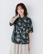 M~2XL レトロフラワープリント ブルーシャツ