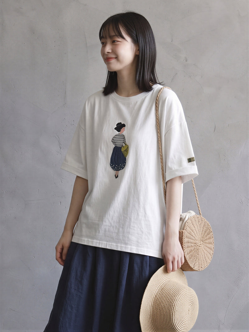 ゆったりドロップショルダー レトロイラストTシャツ-ホワイト-FREE