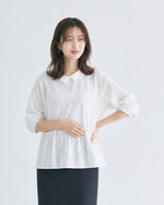 M~2XL ホワイト 透かし柄 襟付き ゆったり長袖シャツ