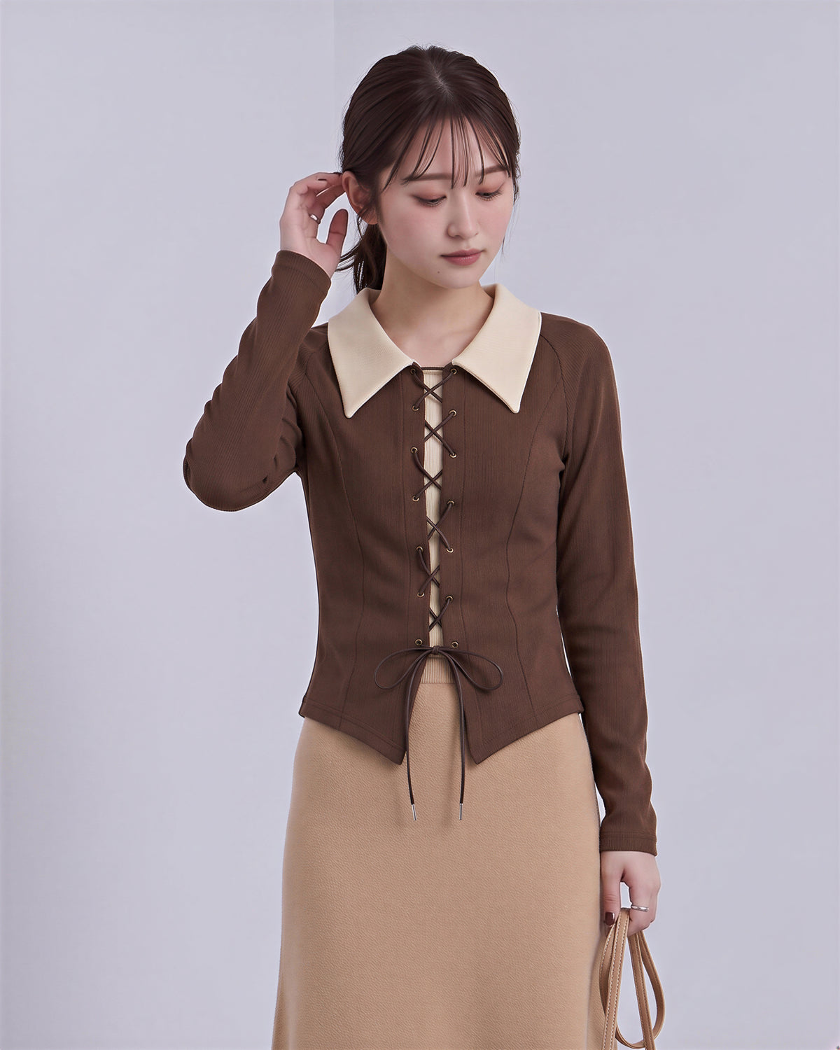 M~2XL 配色ビッグカラー ウエストマーク リボンニット