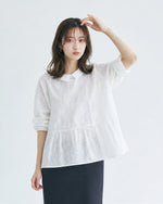 M~2XL ホワイト 透かし柄 襟付き ゆったり長袖シャツ
