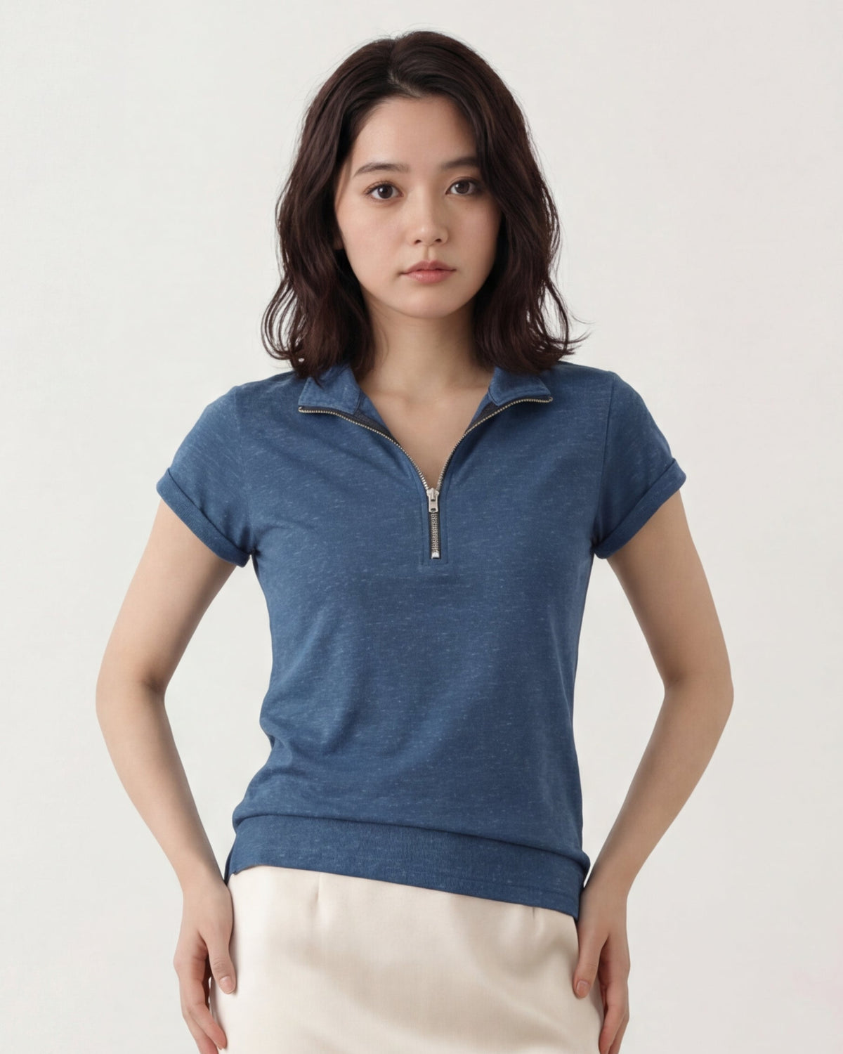 ハーフジップ Vネック フィット 半袖Tシャツ